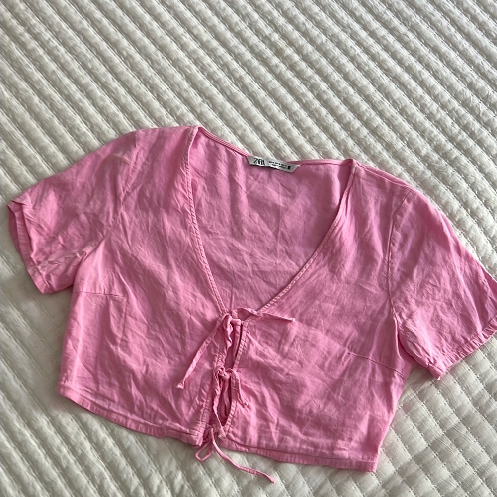 Zara Pink Tie-Front Crop Blouse